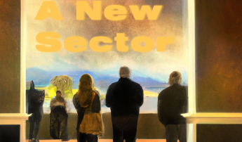 In a painterly yellow-toned image we see people looking out a large window onto a landscape with blue mountains and a yellow sky with the text 'A New Sector' across the clouds.