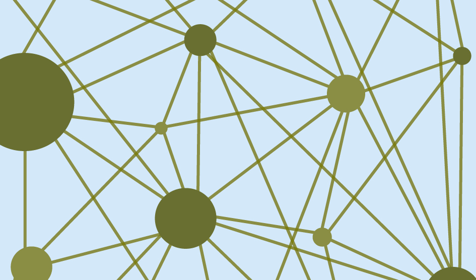 A graphic illustration of green circles connected by lines on a pale blue background. The image appears like a network.