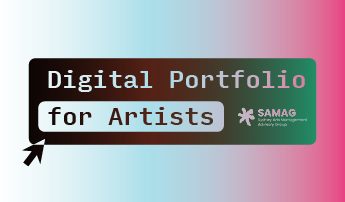 Graphic with gradient background and the text 'Digital Portfolio for Artists' in a typewriter font. Includes a SAMAG logo and a cursor pointing to the text