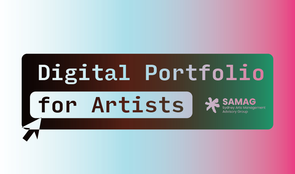 Graphic with gradient background and the text 'Digital Portfolio for Artists' in a typewriter font. Includes a SAMAG logo and a cursor pointing to the text