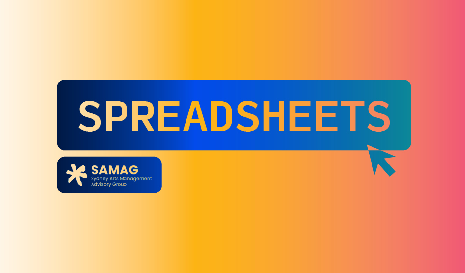 Graphic with gradient background and the text 'Spreadsheets' in a typewriter font. Includes a SAMAG logo and a cursor pointing to the text